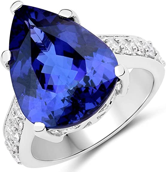 11.40 Carat Genuine Tanzanite and White Diamond 18K White Gold Ring